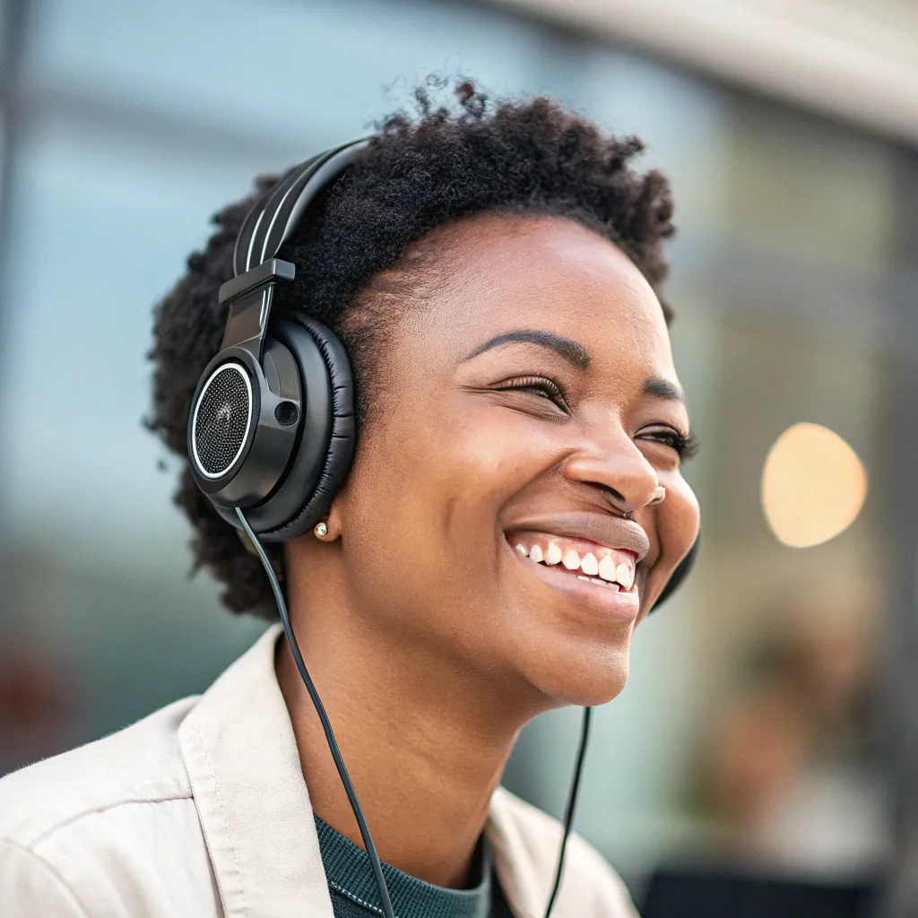 A smiling customer with headphones